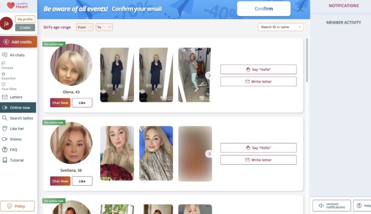 The main page with online women on the LoveForHeart dating site