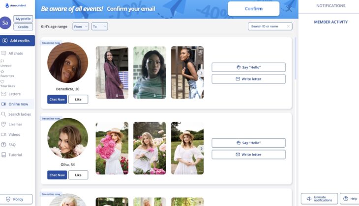 The main page with online ladies on the AmourMeet dating site